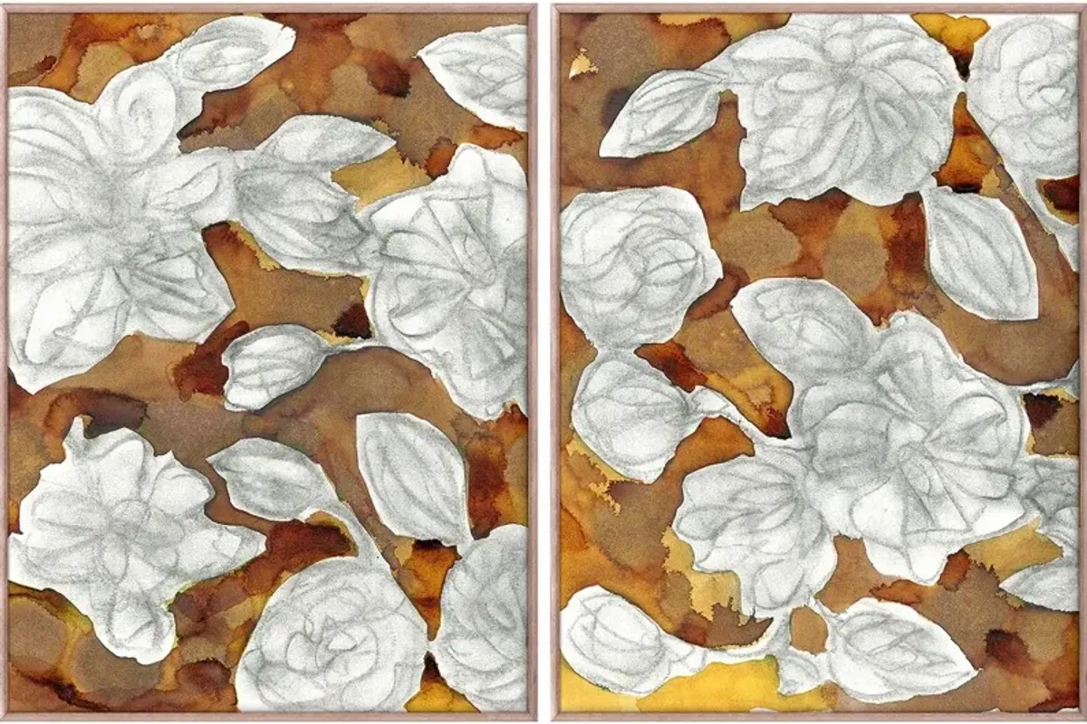 Charcoal Blooms Diptych Painting, 24" x 32"