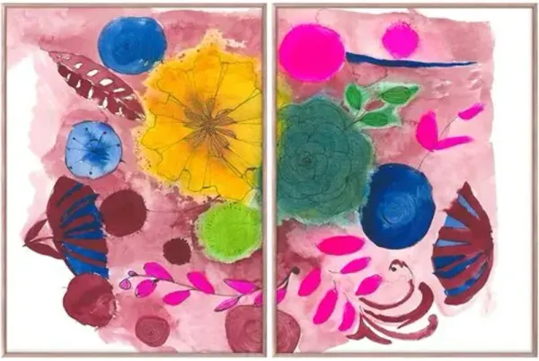 Yellow Flora Diptych Painting - 24" x 32" - Zoe Bios Creative - Pink