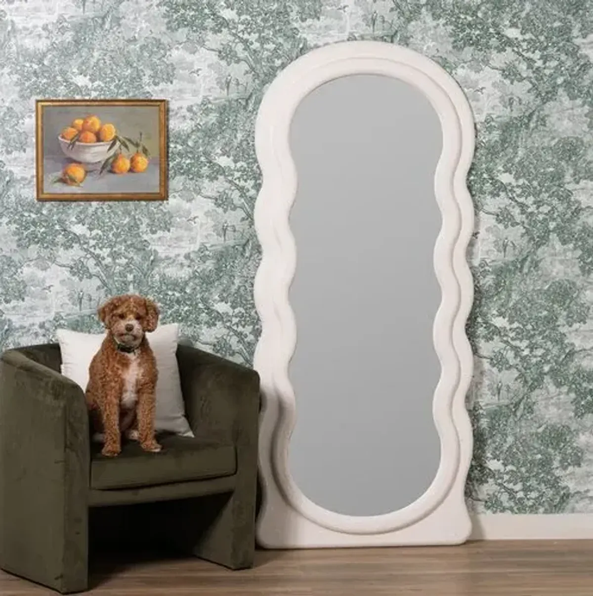 Eldric Wavy Floor Mirror - White Faux Plaster