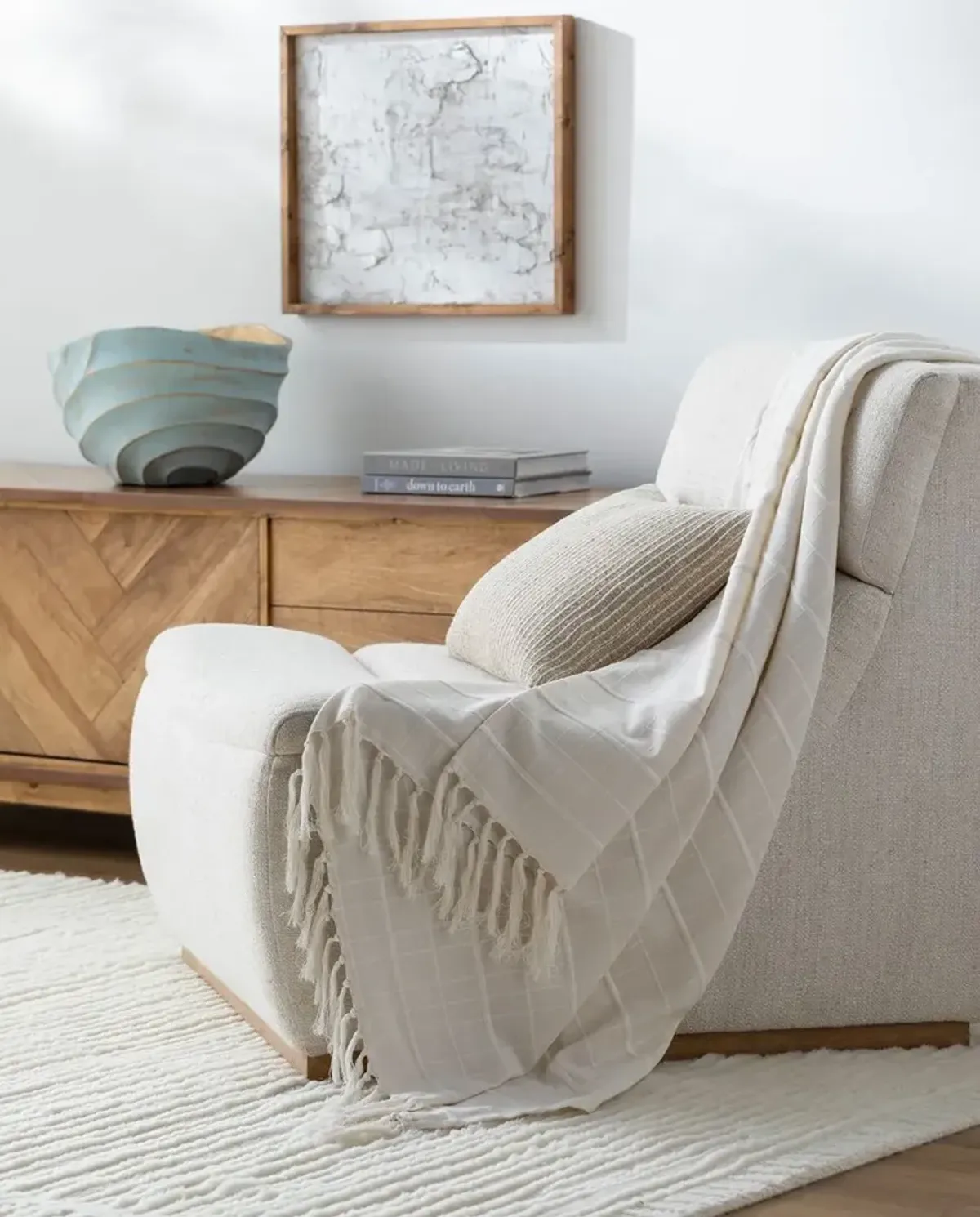 Prolo Cotton Grid Throw with Tassels, Cream