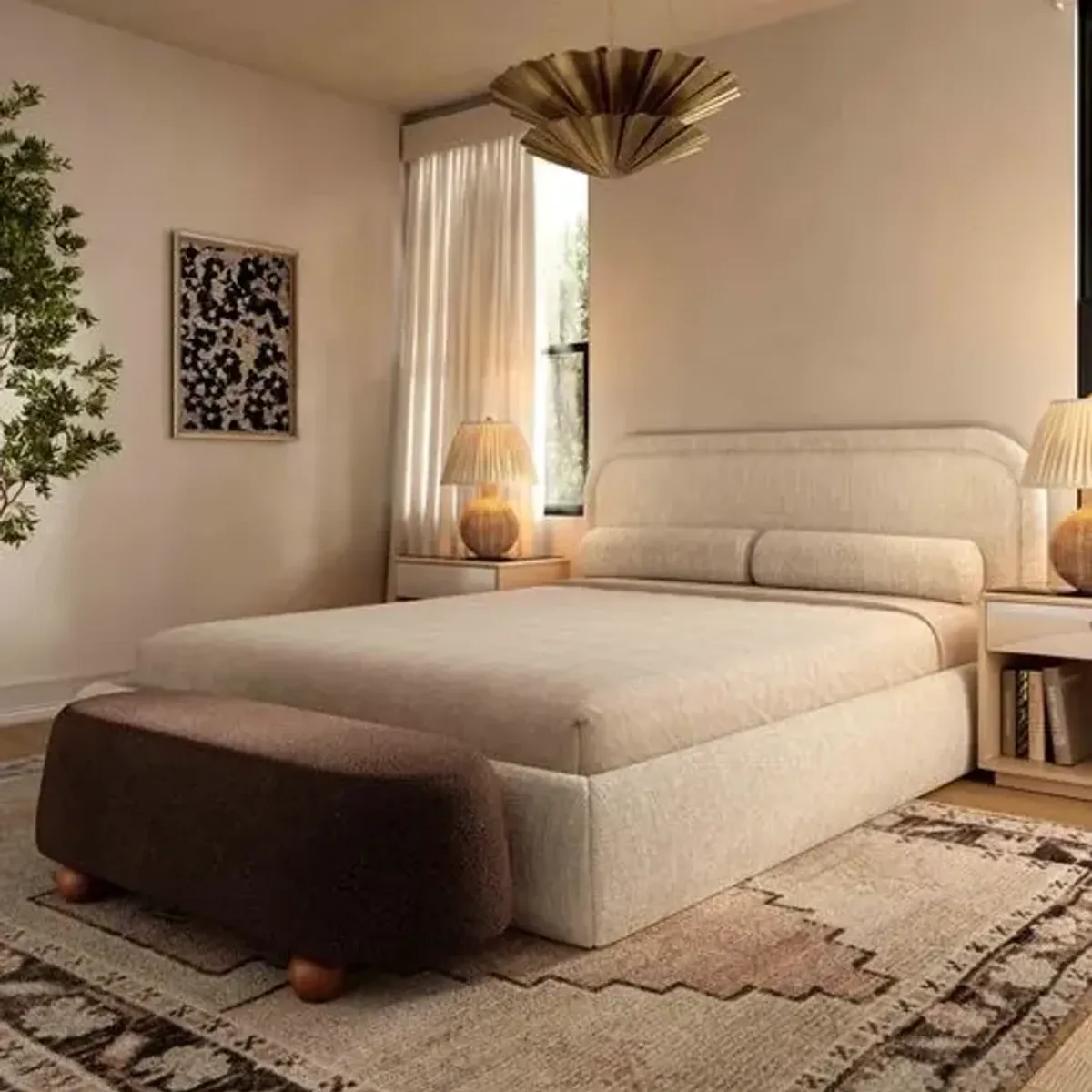 Aven Textured Boucle Upholstered Bed - Cream - White