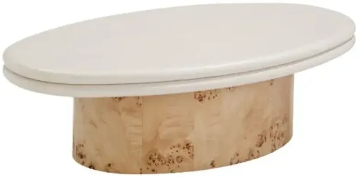 Quira Oval Coffee Table - Natural Burl/Cream Ash - White