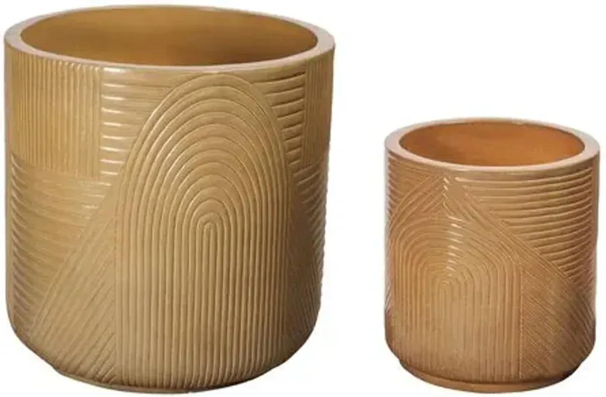Tranquillo Outdoor Textured Hand Crafted Ceramic Planter Set - Handcrafted - Brown - • Large: 24Hx24Wx24D in• Small: 18Hx18Wx18D in