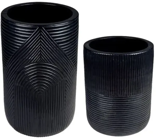 Tranquillo Outdoor Textured Hand Crafted Tall Ceramic Planter Set - Handcrafted - Black - • Large: 22Hx16Wx16D in• Small: 20Hx12Wx12D in