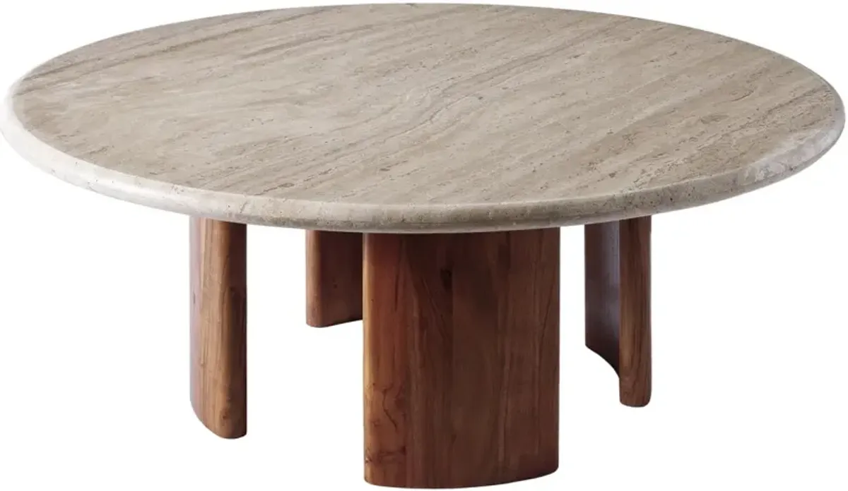 Orien 39" Round Travertine Top Coffee Table, Brown