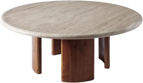 Orien 39" Round Travertine Top Coffee Table, Brown