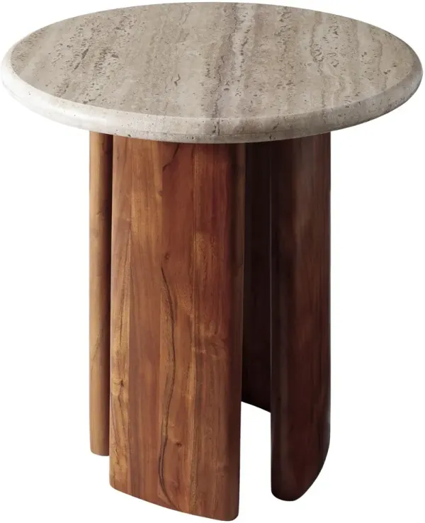 Orien 20" Round Travertine Top End Table, Brown