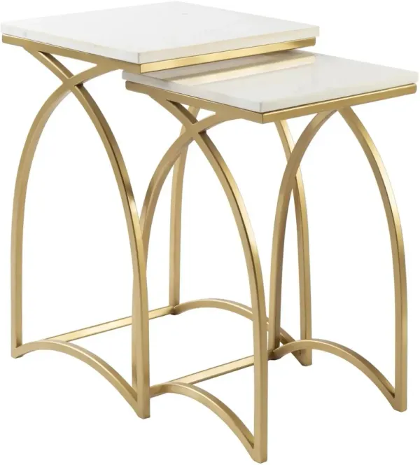S/2 Yurik Marble Top End Tables, White/Gold