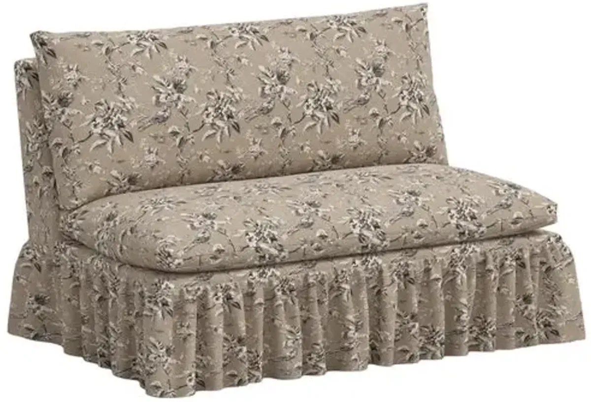Thelma Ruffle Settee - Michigan Bird Toile - Brown