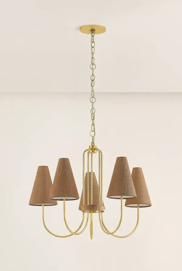 Rael 5-Light Chandelier - Aged Brass/Natural Grasscloth - Brown