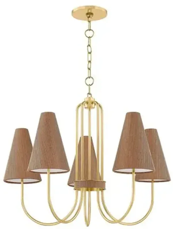 Rael 5-Light Chandelier - Aged Brass/Natural Grasscloth - Brown