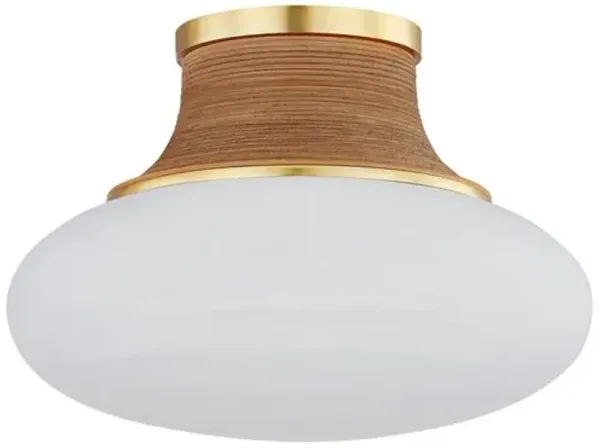 Eirlys Flush Mount - Aged Brass/Matte Cloud Glass/Rattan - Gold