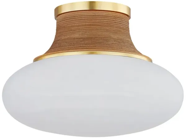 Eirlys Flush Mount - Aged Brass/Matte Cloud Glass/Rattan - Gold