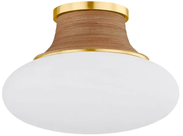 Eirlys Flush Mount - Aged Brass/Matte Cloud Glass/Rattan - Gold