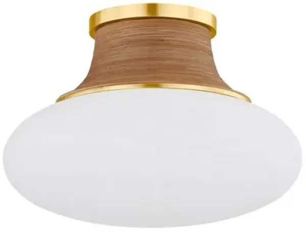 Eirlys Flush Mount - Aged Brass/Matte Cloud Glass/Rattan - Gold