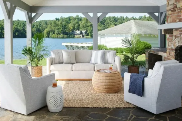Hatteras Outdoor Upholstered Sofa, Inside Out Linen w/ Contrast Welt