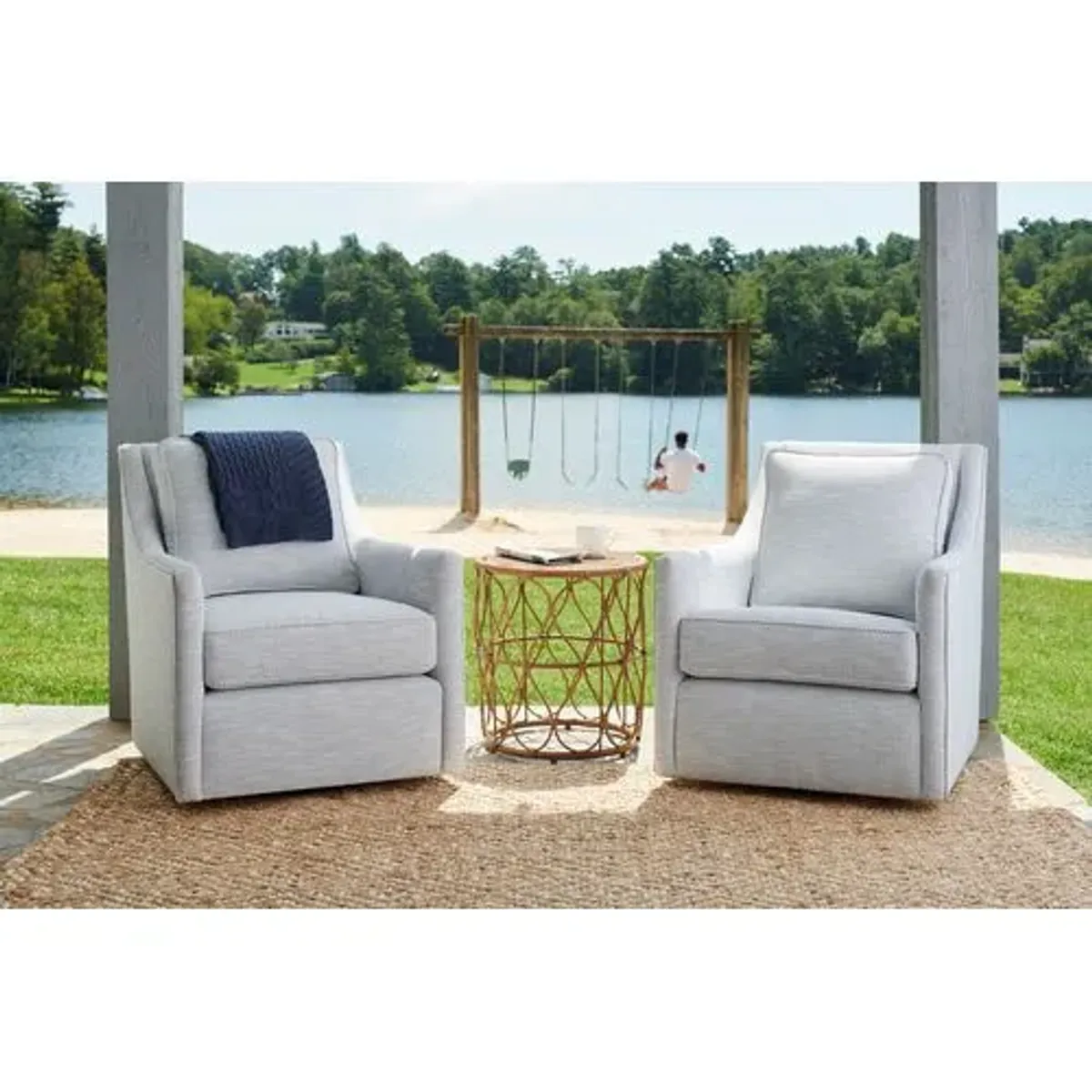 Orleans Outdoor Upholstered Swivel Chair - Inside Out Linen with Contrast Welt - Handcrafted