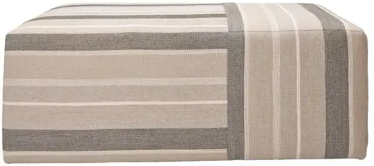 Quinn Upholstered Linen Ottoman - Dunphy Charcoal Stripe - Kim Salmela - Handcrafted - Beige
