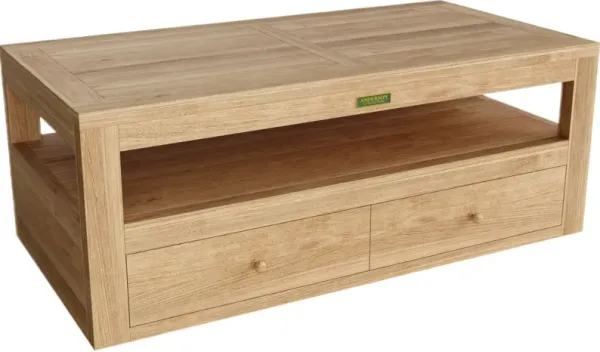 Zavira Outdoor Teak 2-Drawer Coffee Table, Natural