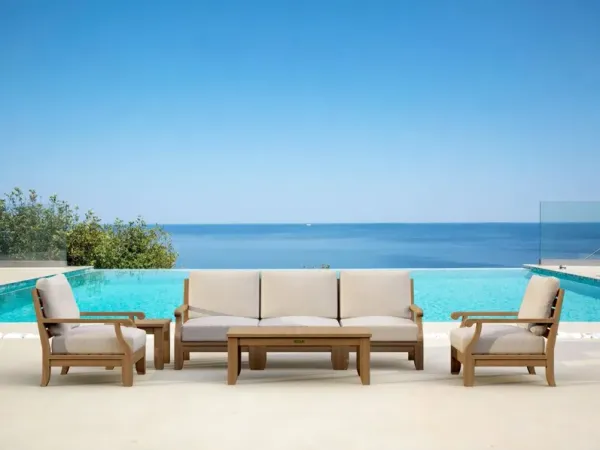 Nuvira Outdoor Teak Deep Seating Lounge Set, Linen Natural Sunbrella
