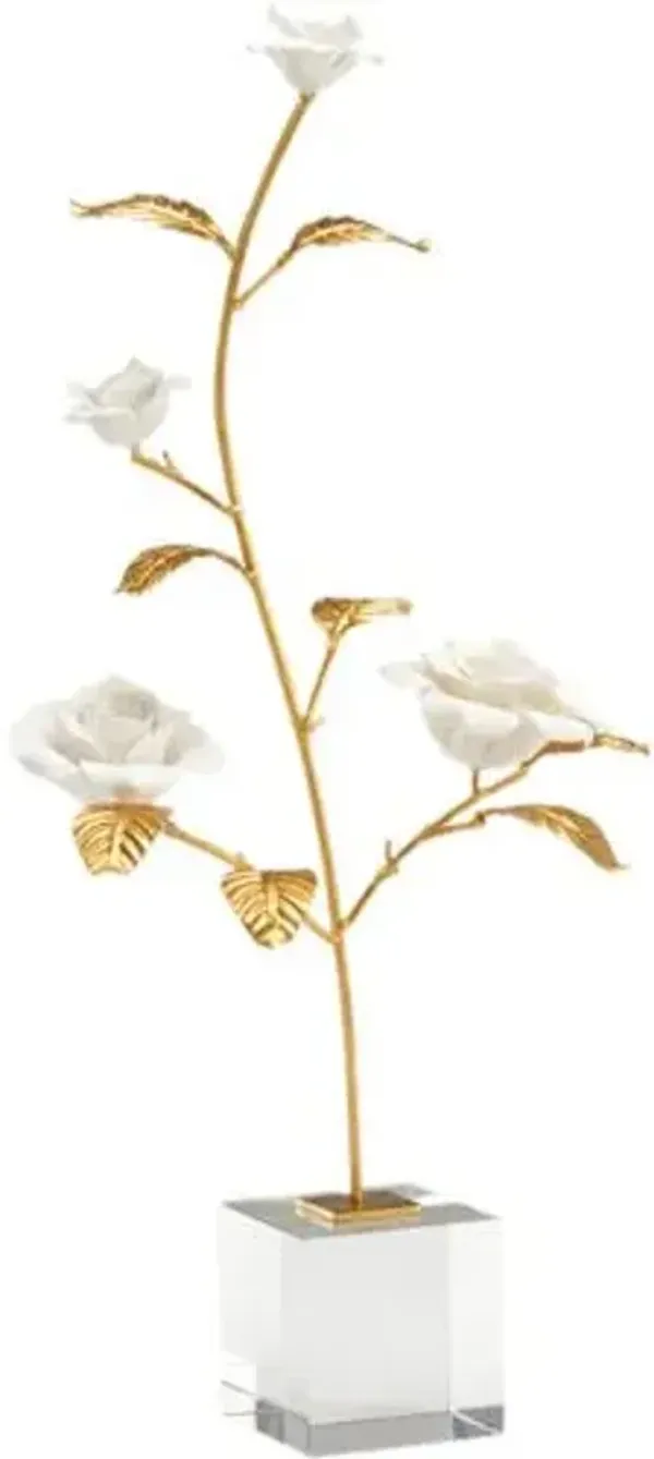 Rose In Crystal Stand - White/Gold - Chelsea House