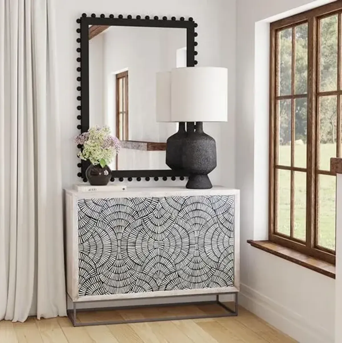 Frankie 2-Door Bone Inlay Bar Cabinet - Black/White/White Wash