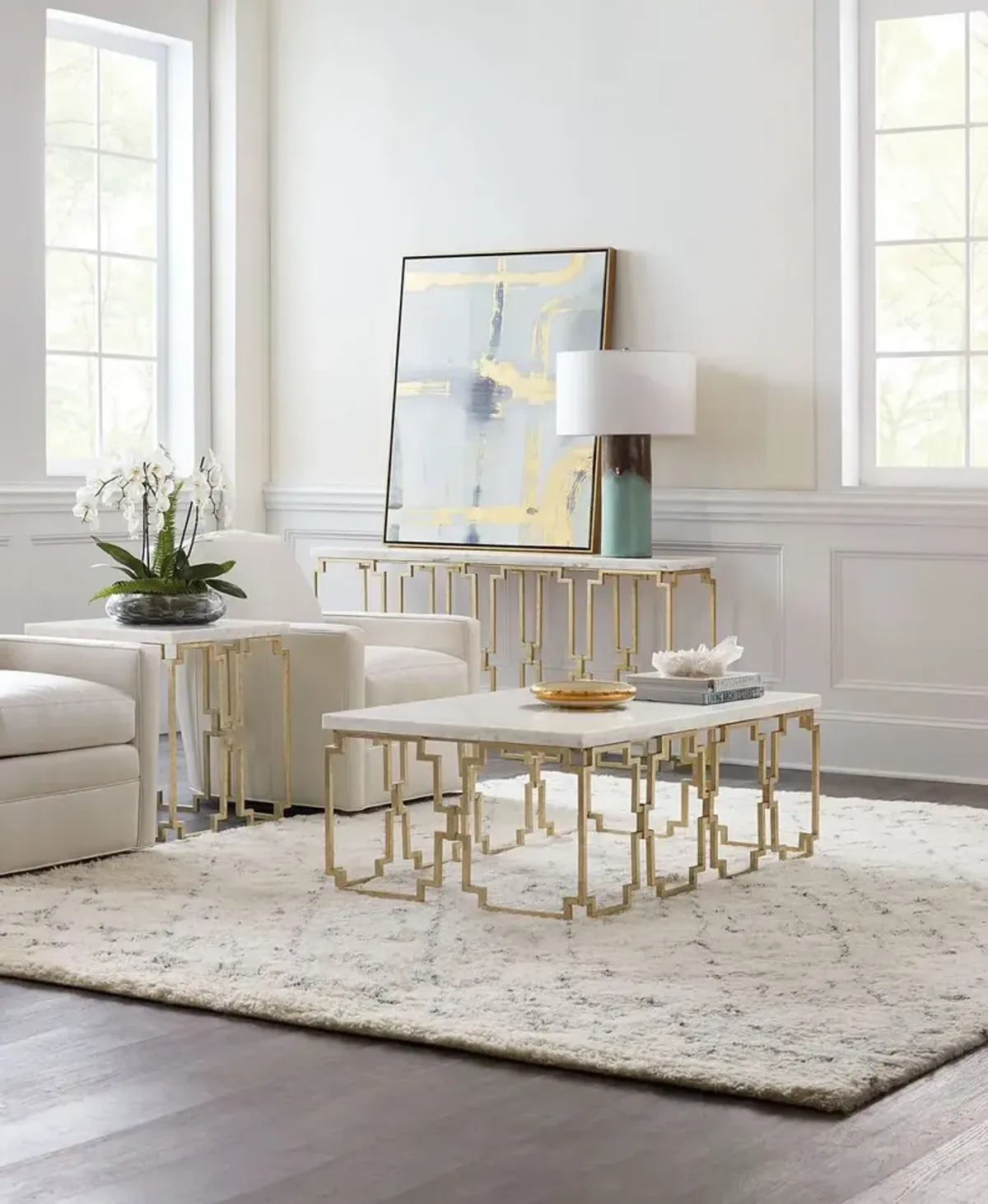 Evermore Rectangle Geometric Marble Top Cocktail Table, Gold