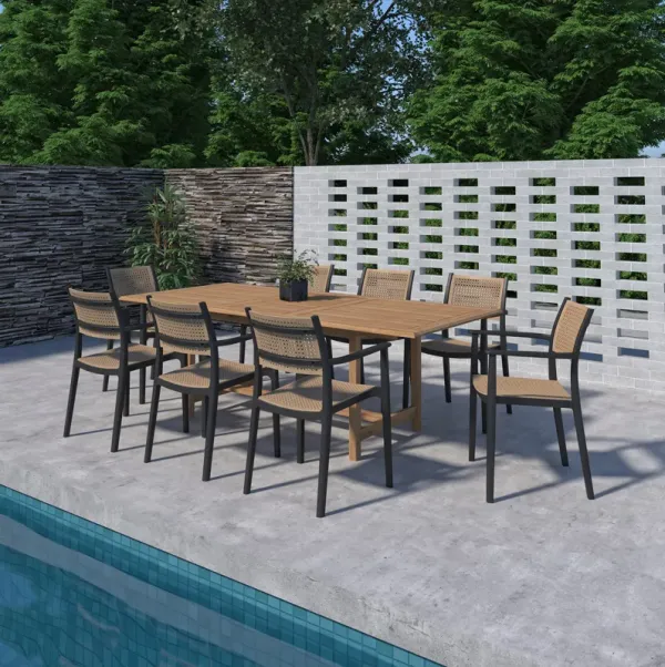 Lanai 9-Pc Outdoor Teak Rectangular Extension Dining Set - Natural/Black