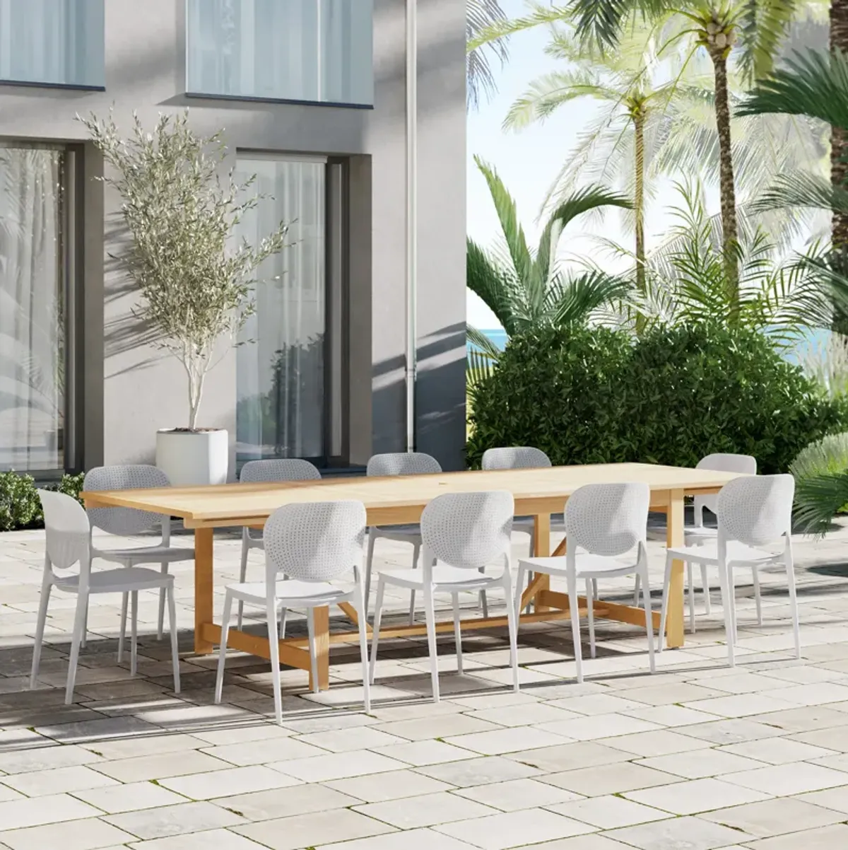 Astor 11-Pc Rectangular Extension Outdoor Eucalyptus Dining Set - White