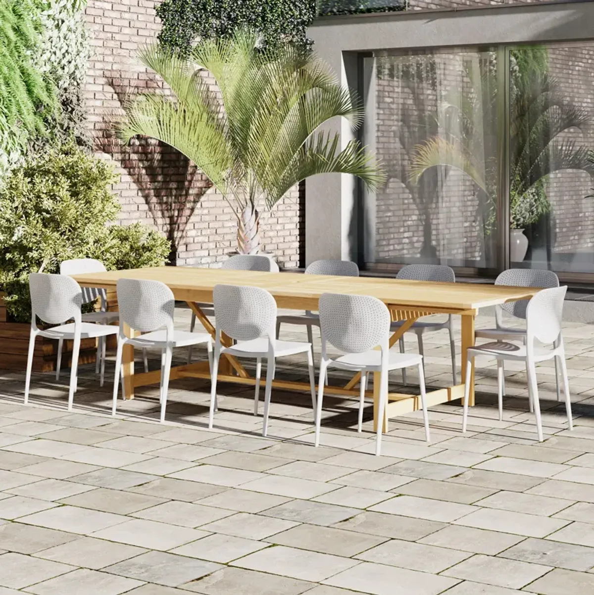 Astor 11-Pc Rectangular Extension Outdoor Eucalyptus Dining Set - White