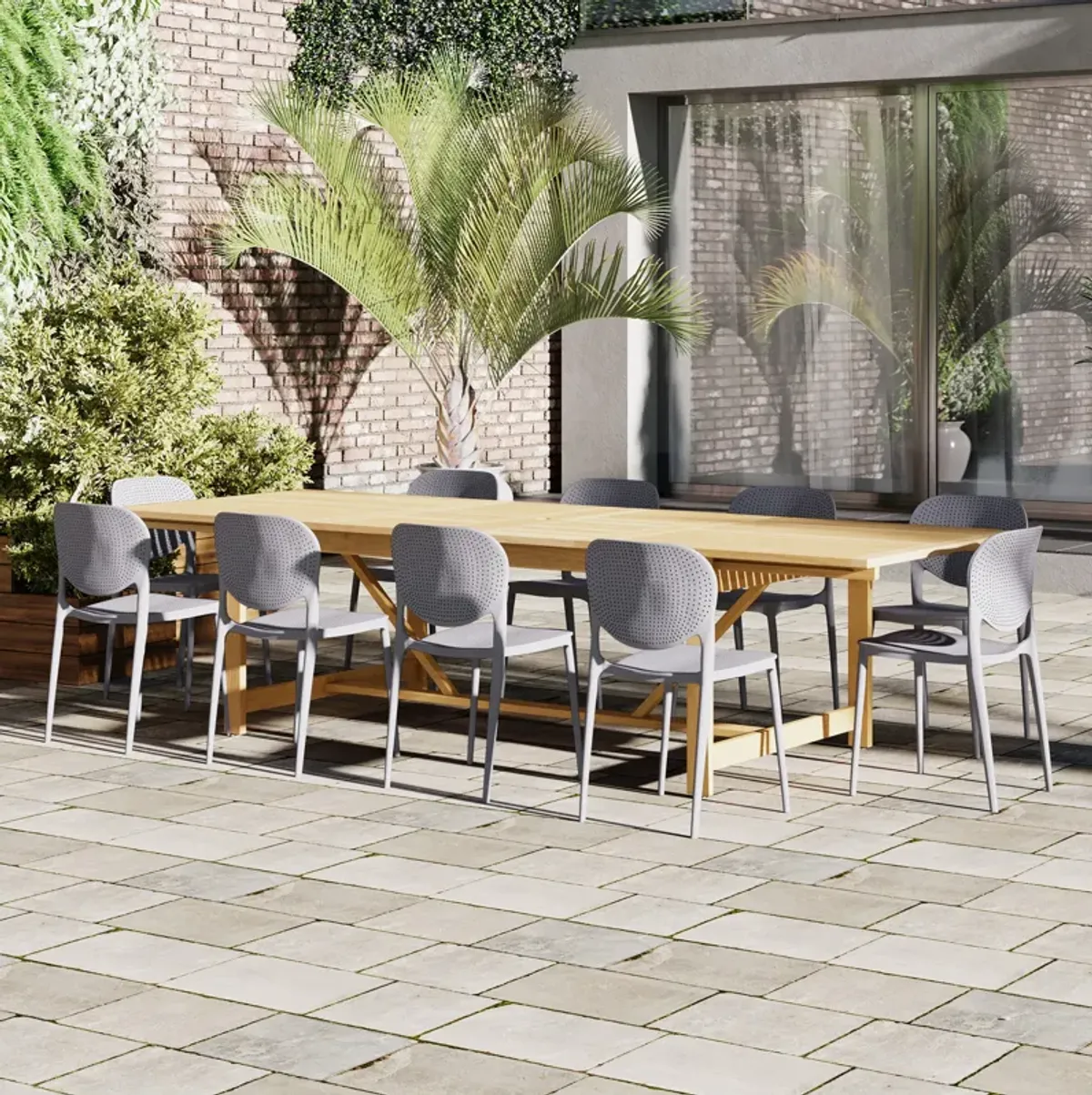 Astor 11-Pc Rectangular Extension Outdoor Eucalyptus Dining Set - Gray