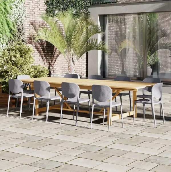Astor 11-Pc Rectangular Extension Outdoor Eucalyptus Dining Set