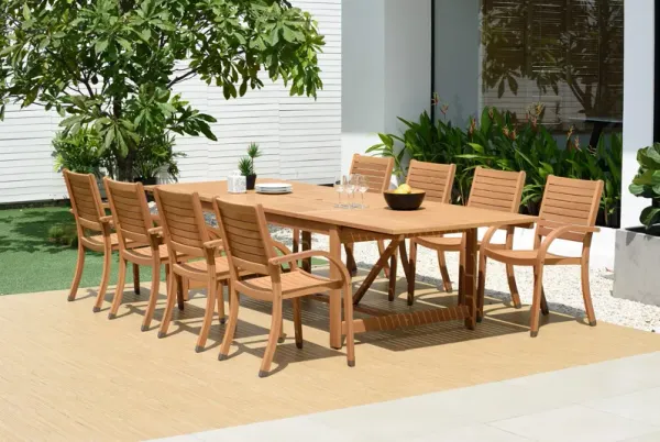 Branwyn 11-Pc Rectangular Extension Outdoor Eucalyptus Dining Set - Natural - Brown