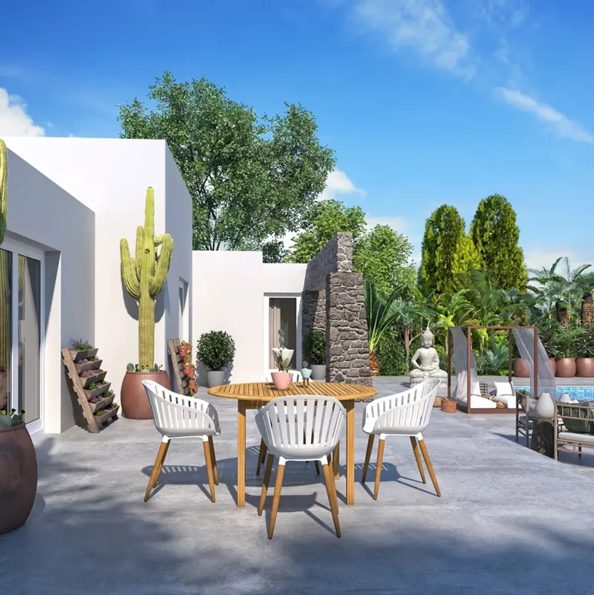 Cayana 5-Pc Round Outdoor Teak Dining Set - Natural/White - Brown