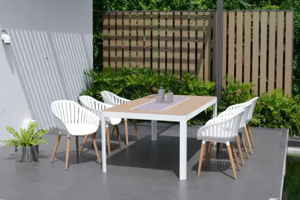 Cayana 7-Pc Rectangular Outdoor Teak/Aluminum Dining Set, White/Natural