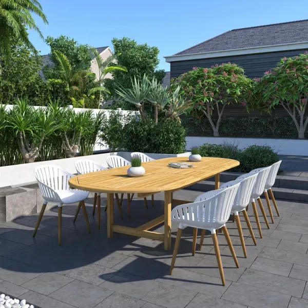 Cayana 9-Pc Oval Deluxe Extension Outdoor Teak Dining Set, Natural/White