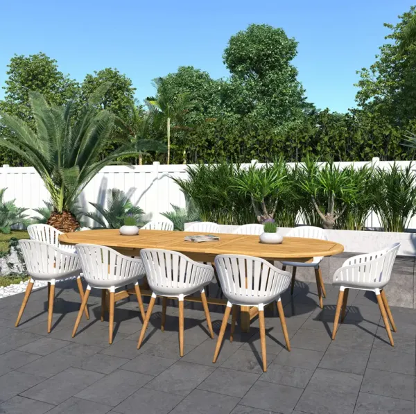 Cayana 11-Pc Oval Extension Outdoor Teak Dining Set - Natural/White - Brown