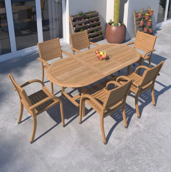 Branwyn 7-Pc Oval Extension Outdoor Teak Dining Set - Natural - Brown