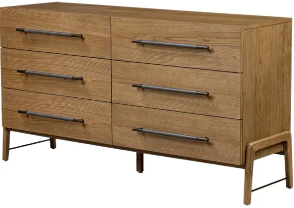 Jeremiah 6-Drawer Leather Dresser, Amber Oak