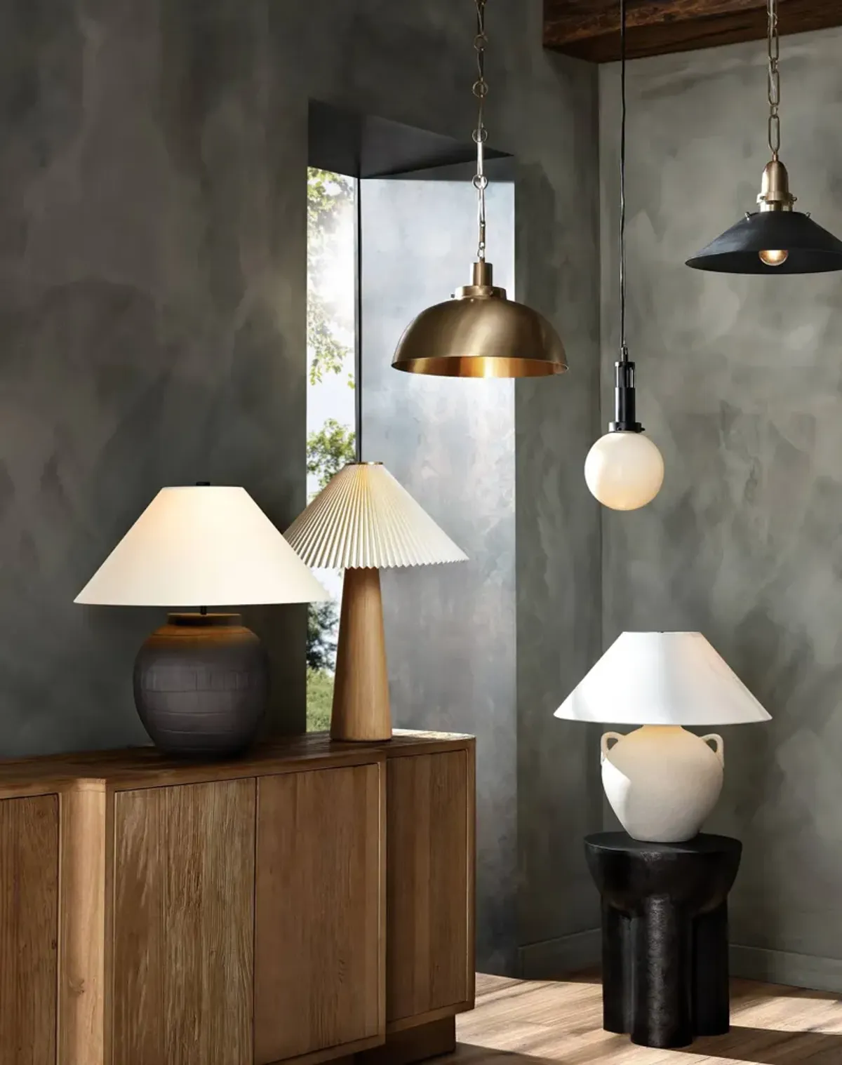 Soluna Pleated Shade Table Lamp - Light Oak - Brown