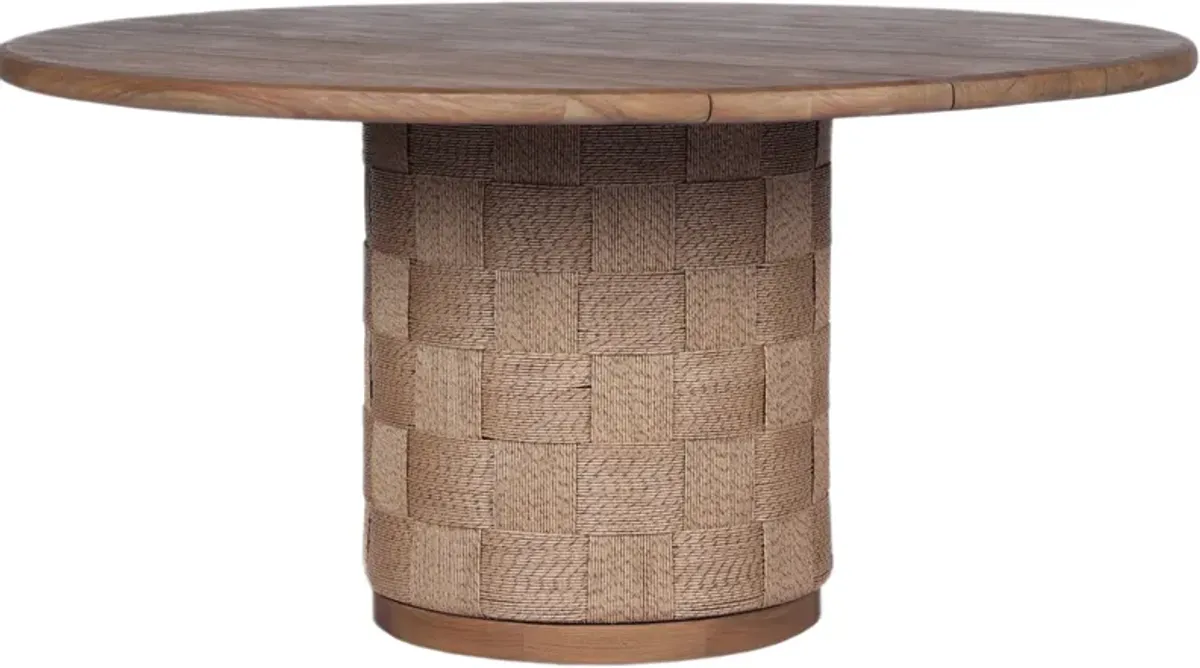 Luxen 60" Outdoor Woven Wicker Teak Round Dining Table, Stained Toasted Brown