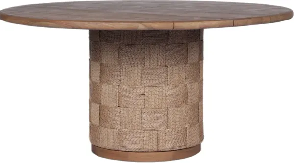 Luxen 60" Outdoor Woven Wicker Teak Round Dining Table, Stained Toasted Brown