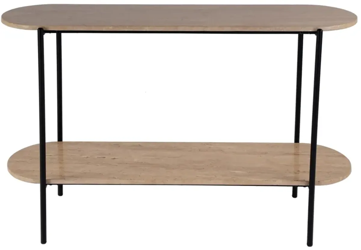 Quinn 48" Elongated Marble and Iron 2-Tier Console Table, Natural/Black