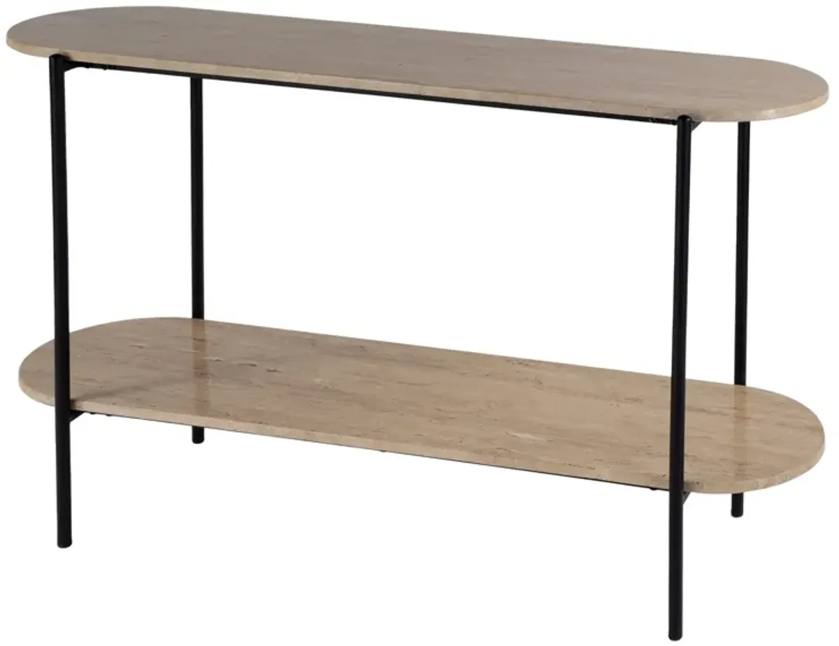 Quinn 48" Elongated Marble and Iron 2-Tier Console Table, Natural/Black