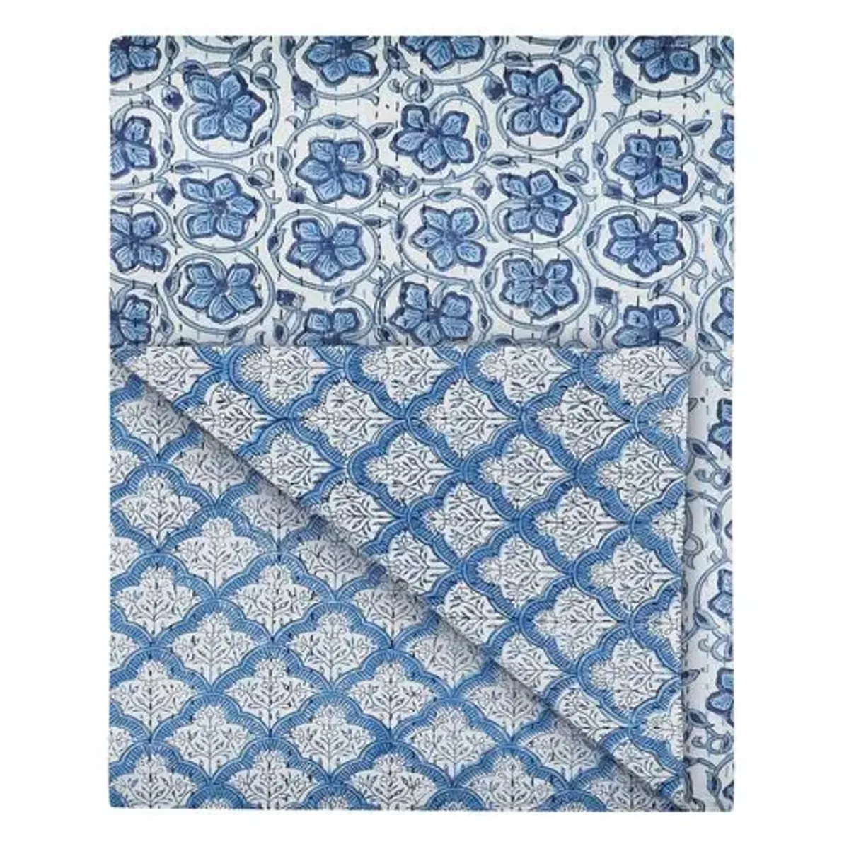 Hibiscus Hand-Blocked Cotton Coverlet - Bunny Williams Home - Blue