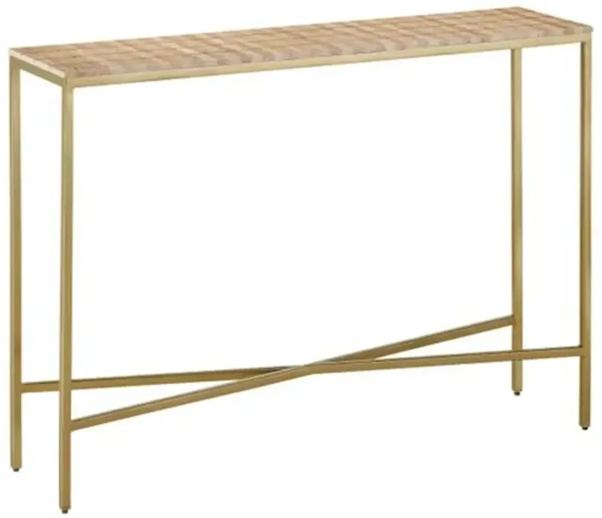 Dezi Travertine Console Table - Natural/Brass - Currey & Company - Beige