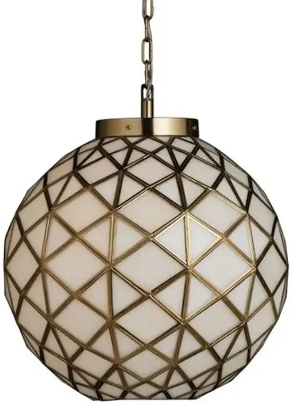 Polyhedron Geometric Glass Pendant - White/Antique Brass - Currey & Company