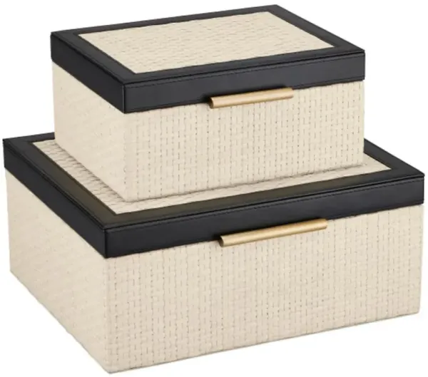 S/2 Deanna Raffia Leather Boxes, White Black