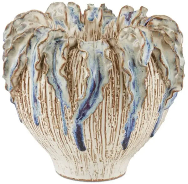 Tropical Crown Ceramic Vase, Ivory/Reactive Blue
