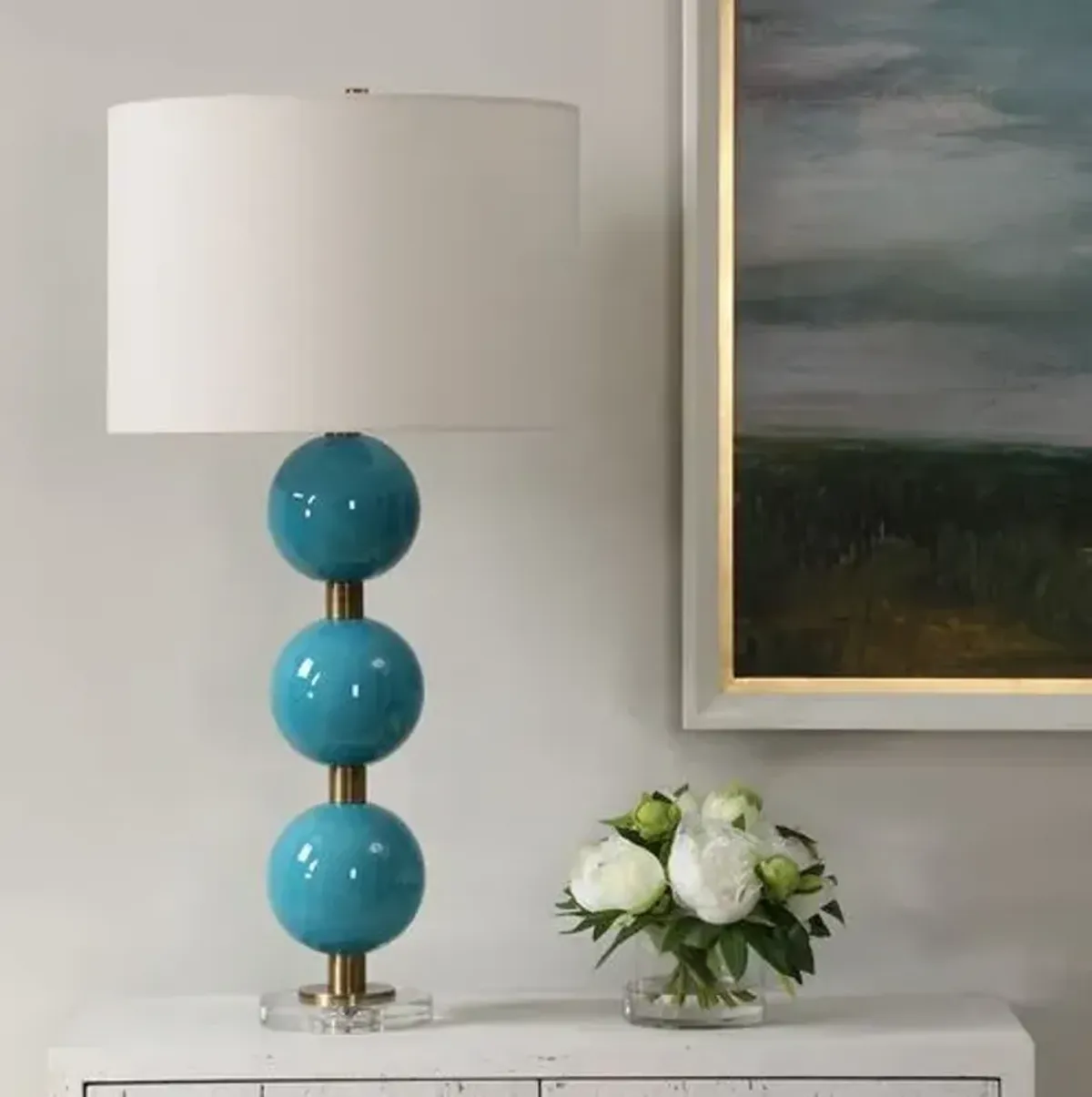 Emanuele Ceramic Sphere Table Lamp - Blue Crackled Glaze/Brass